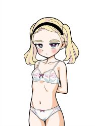Rule 34 | 1girl, arms behind back, blonde hair, blush, bow, bow bra, bow panties, bra, breasts, collarbone, ear piercing, eisu (eith), floral print, forehead, hairband, harsha (eisu), highres, long hair, looking at viewer, multicolored eyes, navel, original, panties, piercing, pink bow, print bra, print panties, purple eyes, simple background, small breasts, standing, thick eyebrows, twintails, underwear, white background, white bra, white panties