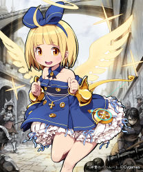 Rule 34 | 10s, 1girl, :d, ahoge, angel, angel wings, armor, bad id, bad pixiv id, bare legs, bare shoulders, blonde hair, blush, bow, bow (weapon), cannon, cannonball, cross, detached collar, ephemera, hair bow, hairband, halo, len (a-7), looking at viewer, open mouth, shingeki no bahamut, short hair, smile, weapon, wings