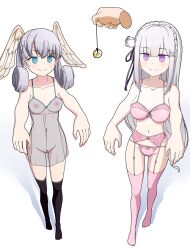 1other 2girls aqua_eyes bra breasts disembodied_hand emilia_(re:zero) etlabsotwe flower grey_hair hair_flower hair_ornament head_wings hypnosis melia_antiqua mind_control multiple_girls nipples panties pink_bra pink_panties pointy_ears purple_eyes re:zero_kara_hajimeru_isekai_seikatsu see-through_clothes simple_background underwear white_background white_hair wings xenoblade_chronicles_(series) xenoblade_chronicles_1