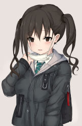 Rule 34 | 1girl, backpack, bag, black hair, black jacket, blush, collared shirt, drawstring, green necktie, grey background, guanhian, highres, hood, hood down, hooded jacket, idolmaster, idolmaster cinderella girls, jacket, long hair, looking at viewer, mask, mask pull, mole, mole under eye, mouth mask, necktie, open mouth, pulled by self, sharp teeth, shirt, simple background, solo, sunazuka akira, surgical mask, teeth, twintails, upper body, wing collar, zipper, zipper pull tab
