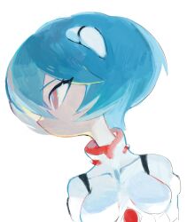 Rule 34 | 1girl, ayanami rei, blue hair, blue pupils, bob cut, breasts, closed mouth, covered collarbone, expressionless, hair between eyes, high collar, highres, interface headset, jumpsuit, looking to the side, medium breasts, nedoco, neon genesis evangelion, pink eyes, plugsuit, profile, short hair, simple background, skin tight, solo, upper body, white background, white jumpsuit