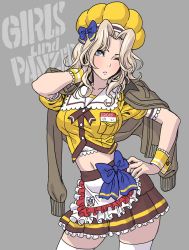 Rule 34 | 10s, 1girl, alternate costume, apron, blonde hair, blouse, blue bow, blue eyes, bow, brown jacket, brown ribbon, brown skirt, carrying over shoulder, closed mouth, coco&#039;s, collar, commentary, contrapposto, copyright name, cowboy shot, emblem, frilled apron, frilled collar, frilled skirt, frilled sleeves, frills, frown, girls und panzer, grey background, hair intakes, hand on own hip, hat, hat bow, highres, jacket, kay (girls und panzer), long hair, looking at viewer, midriff, miniskirt, name tag, navel, neck ribbon, one eye closed, pleated skirt, puffy short sleeves, puffy sleeves, ribbon, saunders (emblem), shirt, short sleeves, simple background, skirt, solo, standing, striped clothes, striped skirt, thighhighs, waist apron, waitress, white apron, white thighhighs, wrist cuffs, yamashita shun&#039;ya, yellow hat, yellow shirt