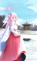 Rule 34 | 1girl, absurdres, angel wings, blue archive, blush, chima (clothes), daran9, day, feathered wings, flower, hair bun, hair flower, hair ornament, hanbok, highres, jeogori (clothes), korean clothes, long hair, long sleeves, mika (blue archive), open mouth, outdoors, pink hair, purple flower, single side bun, solo, white wings, wings, yellow eyes