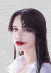 Rule 34 | 1girl, black hair, commission, expressionless, eyelashes, highres, lips, lipstick, long hair, looking at viewer, makeup, nose, original, pale skin, parted lips, portrait, purple eyes, red lips, shirt, simple background, smeared lipstick, solo, songhee guk, upper body, white shirt