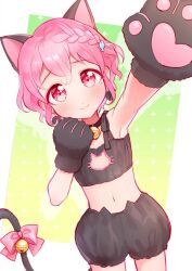 Rule 34 | 1boy, :3, animal ears, animal hands, arm up, bell, black bra, black choker, black panties, blush, bra, braid, cat cutout, cat ear panties, cat ears, cat lingerie, cat tail, choker, cleavage cutout, clothing cutout, commentary request, crossdressing, fish hair ornament, gloves, green background, hair ornament, hand up, looking at viewer, male focus, meme attire, mole, mole under eye, navel, neck bell, oshiri (o4ritarou), panties, paw gloves, pink eyes, pink hair, pretty series, pripara, reaching, reaching towards viewer, reona west, short hair, side braid, smile, solo, tail, trap, underwear, underwear only