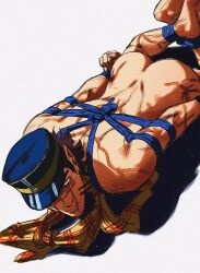 Rule 34 | 1boy, ass, bara, bdsm, blue rope, bondage, bound, bound knees, facial scar, feet up, from above, frown, golden kamuy, hat, highres, kepi, male focus, military hat, nude, probe, rope, sanpaku, scar, scar on ass, scar on cheek, scar on face, scar on mouth, scar on nose, scarf, short hair, sideburns, simple background, smokerichi, solo, sugimoto saichi, thick eyebrows, too many, too many scars, tsurime