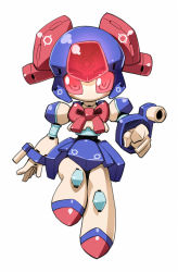 Rule 34 | 1girl, arm cannon, blue skirt, bow, bowtie, brass (medarot), denki showgun, full body, looking at viewer, mecha, medarot, red bow, red bowtie, red eyes, robot, robot girl, simple background, skirt, solo, weapon, white background