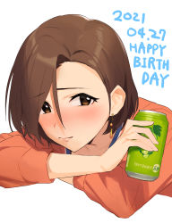 Rule 34 | 1girl, absurdres, blush, brown eyes, brown hair, can, closed mouth, drunk, earrings, happy birthday, highres, holding, holding can, idolmaster, idolmaster cinderella girls, jewelry, long sleeves, looking at viewer, mizuki seira, onao, orange sweater, short hair, simple background, smile, solo, sweater, upper body, white background