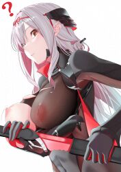 Rule 34 | 1girl, ?, armored bodysuit, black bodysuit, bodysuit, breasts, closed mouth, goddess of victory: nikke, grey bodysuit, grey hair, headgear, holding, holding weapon, large breasts, light blush, long hair, looking at viewer, nipples, official alternate costume, one breast out, red eyes, scarlet (black shadow) (nikke), scarlet (nikke), simple background, solo, sword, urato hotaru, weapon, white background
