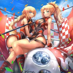 Rule 34 | 2girls, aqua eyes, arm support, ass, bandeau, bare shoulders, blonde hair, blue eyes, blue sky, blush, braid, breasts, car, checkered flag, cleavage, closed mouth, clothing cutout, cloud, collared dress, confetti, day, dress, fate/apocrypha, fate/grand order, fate (series), flag, gloves, green eyes, grin, hair ornament, highres, holding, holding flag, jeanne d&#039;arc (fate), jeanne d&#039;arc (ruler) (fate), jeanne d&#039;arc (type-moon racing) (fate), large breasts, long hair, looking at viewer, medium breasts, mordred (fate), mordred (fate/apocrypha), motor vehicle, multiple girls, navel, ohako (ohako1818), outdoors, partially unzipped, pelvic curtain, ponytail, porsche, race queen, shorts, side cutout, sidelocks, single braid, sitting, skindentation, sky, sleeveless, sleeveless dress, smile, strap, thighs, very long hair, zipper