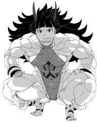 Rule 34 | 1girl, big hair, boots, bracelet, chinese clothes, covered erect nipples, dudou, flat chest, greyscale, grin, halterneck, hamushima, horns, impossible clothes, jewelry, leotard, long hair, monochrome, muscular, muscular female, oboro muramasa, aged up, oni, rajaki (oboro muramasa), sketch, smile, solo, squatting, thick thighs, thighs, vanillaware