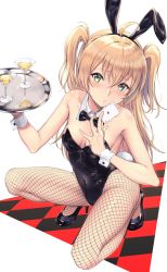 Rule 34 | 1girl, ace (playing card), ace of hearts, animal ears, black bow, black bowtie, black leotard, bow, bowtie, breasts, card, checkered floor, chokuro, commentary request, cup, detached collar, drinking glass, fake animal ears, fishnet pantyhose, fishnets, green eyes, heart, highres, leotard, light brown hair, long hair, looking at viewer, original, pantyhose, playboy bunny, playing card, rabbit ears, rabbit girl, small breasts, solo, squatting, strapless, strapless leotard, tray, two side up, wine glass, wrist cuffs