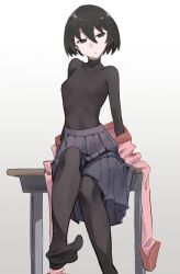 Rule 34 | 1girl, absurdres, arm support, black eyes, black hair, black necktie, black pantyhose, black shirt, bob cut, breasts, bunoshii, collarbone, desk, empty eyes, expressionless, gradient background, grey skirt, hair between eyes, highres, long sleeves, looking at viewer, monogatari (series), narrowed eyes, necktie, no shoes, on desk, open clothes, open shirt, oshino ougi, pale skin, pantyhose, parted lips, pink shirt, pleated skirt, school desk, shirt, short hair, simple background, sitting, skirt, sleeves past fingers, sleeves past wrists, small breasts, solo, turtleneck, undressing, unworn shirt, white background