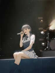 Rule 34 | 1girl, black hair, chainsaw man, dress, fan screaming at madison beer (meme), fourth east high school uniform, highres, looking at viewer, low twintails, meme, microphone, mitaka asa, music, neck ribbon, pinafore dress, ribbon, school uniform, singing, sleeveless, sleeveless dress, smile, solo, twintails, yao liao wang