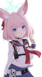 Rule 34 | 1girl, animal ears, belt, belt pouch, blue archive, blue eyes, breasts, collarbone, fox ears, hair ornament, halo, highres, looking at viewer, niko (blue archive), open mouth, pink hair, pouch, rururiiro, school uniform, short hair, simple background, small breasts, solo, white background