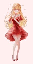 Rule 34 | 1girl, :d, absurdres, blonde hair, blush, breasts, choker, cleavage, collarbone, commentary, detached sleeves, dress, full body, hands up, high heels, highres, long hair, looking at viewer, medium breasts, open mouth, original, pink background, puffy short sleeves, puffy sleeves, red choker, red dress, red eyes, red footwear, red sleeves, shoes, short sleeves, simple background, smile, solo, strapless, strapless dress, symbol-only commentary, tandohark, very long hair