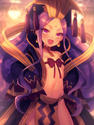 Rule 34 | 1girl, :d, blurry, blurry background, breasts, ceiling light, chandelier, chinese clothes, collarbone, commentary request, cowboy shot, crown, curly hair, earrings, facial mark, fang, fate/grand order, fate (series), forehead mark, gold trim, groin, hagoromo, hands on own hips, hanfu, jewelry, light, light particles, long hair, long sleeves, looking at viewer, moe (hamhamham), navel, neck ring, open mouth, pelvic curtain, purple eyes, purple hair, purple ribbon, ribbon, ribbon bra, shawl, shiny skin, sidelocks, sleeves past wrists, small breasts, smile, solo, standing, stomach, tassel, tsurime, very long hair, wide sleeves, wu zetian (fate)