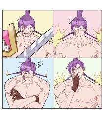 Rule 34 | 1boy, abs, armor, blush, charlotte cracker, constricted pupils, evil smile, expressions, gloves, highres, holding, holding sword, holding weapon, looking at viewer, male focus, muscular, muscular male, nipples, nude, one piece, pauldrons, pectorals, purple hair, scar, scar across eye, shoulder armor, shy, sideways glance, single pauldron, smile, spiked anklet, sword, thinking, topknot, tsurime, upper body, weapon, zm513