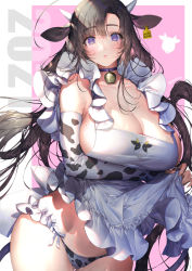 Rule 34 | 2021, animal ears, animal print, apron, bell, blush, breasts, brown hair, chinese zodiac, choker, closed mouth, cow girl, cow horns, cow print, cowbell, duplicate, fingernails, frills, highres, horns, huge breasts, jewelry, long fingernails, long hair, mole, mole on breast, mole under eye, neck bell, neck ring, open mouth, original, panties, purple choker, purple eyes, sencha (senchat), solo, tail, twitter username, underwear, year of the ox
