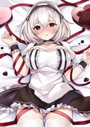 Rule 34 | 1girl, azur lane, black dress, blush, box, candy, chocolate, chocolate heart, choker, dress, food, frilled choker, frills, gluteal fold, hair between eyes, hair intakes, hairband, hands up, heart, heart-shaped box, lace-trimmed hairband, lace trim, looking at viewer, nose blush, parted lips, petticoat, puffy short sleeves, puffy sleeves, red eyes, red ribbon, ribbon, ry thae, short hair, short sleeves, sirius (azur lane), solo, thighhighs, thighs, two-tone dress, valentine, white dress, white hair, white thighhighs