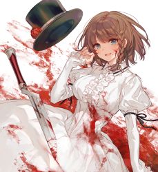 Rule 34 | 1girl, black hat, blood, blood on clothes, bloody weapon, blue eyes, blush, braid, breasts, brown hair, center frills, charlotte corday (fate), charlotte corday (third ascension) (fate), chocoan, fate/grand order, fate (series), flower, frills, hat, highres, juliet sleeves, large breasts, long sleeves, looking at viewer, open mouth, puffy sleeves, rose, short hair, side braid, simple background, smile, solo, weapon, white background