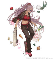Rule 34 | 1girl, bag, blue eyes, breasts, carrot, cinderella (sinoalice), crocs, dark skin, dark-skinned female, full body, hair over one eye, jacket, jewelry, ji no, light purple hair, long hair, looking at viewer, medium breasts, midriff, navel, necklace, official art, onion, open clothes, open jacket, pants, ponytail, potato, shopping bag, sinoalice, solo, spring onion, square enix, tomato, track jacket, track pants, track suit, very long hair, white background