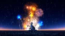 Rule 34 | 1girl, blue hair, commentary request, dress, closed eyes, facing viewer, fireworks, highres, holding, horizon, instrument, instrument request, long hair, music, night, night sky, original, playing instrument, ripples, scenery, sky, smile, soaking feet, solo, water, water surface, water world, y y (ysk ygc)
