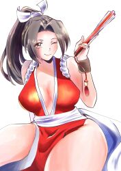 Rule 34 | 1girl, bare shoulders, breasts, brown eyes, brown hair, fatal fury, high ponytail, highres, large breasts, looking at viewer, one eye closed, pelvic curtain, revealing clothes, shiranui mai, simple background, skn 513, smile, snk, solo, the king of fighters, thighs, white background