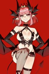 Rule 34 | 1girl, alternate costume, breasts, circe (fate), demon tail, earrings, elbow gloves, fake head wings, fake tail, fate/grand order, fate (series), fingerless gloves, fishnet thighhighs, fishnets, gloves, hand on own hip, head wings, highres, jewelry, leg up, looking at viewer, medium breasts, monkey jon, multicolored eyes, necklace, pink hair, pointy ears, red background, short hair, simple background, smile, solo, tail, thighhighs, wings