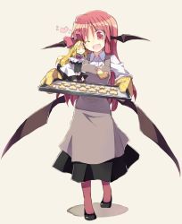 Rule 34 | 1girl, ;d, ^ ^, apron, bat wings, blonde hair, bow, cheek-to-cheek, closed eyes, cookie, closed eyes, female focus, food, hair bow, happy, head wings, heads together, heart, koakuma, long hair, low wings, mittens, one eye closed, open mouth, oven mitts, pantyhose, red eyes, red hair, satou kibi, shanghai doll, smile, touhou, tray, wings, wink
