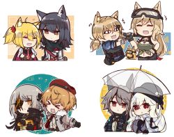 Rule 34 | &gt; &lt;, 6+girls, animal ear fluff, animal ears, arknights, beret, black gloves, black jacket, blonde hair, braid, brown hair, cat ears, character request, cheschorv, closed eyes, closed mouth, commander (girls&#039; frontline), commentary, dog, english commentary, expressionless, eyepatch, female commander (girls&#039; frontline), girls&#039; frontline, gloves, goggles, goggles on head, griffin &amp; kryuger military uniform, hair between eyes, hair ornament, hat, highres, holding, holding weapon, idw (girls&#039; frontline), idw (mod3) (girls&#039; frontline), jacket, long hair, long sleeves, m16a1 (boss) (girls&#039; frontline), m500 (girls&#039; frontline), m500 (mod3) (girls&#039; frontline), mod3 (girls&#039; frontline), multicolored hair, multiple girls, necktie, official alternate costume, open mouth, orange eyes, orange hair, sangvis ferri, scar, shirt, silver hair, simple background, smile, sora (arknights), specter (arknights), specter (undercurrent) (arknights), star (symbol), streaked hair, texas (arknights), transparent, transparent umbrella, twintails, umbrella, upper body, weapon, white background, white jacket, wolf ears