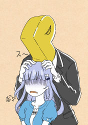 Rule 34 | 1boy, 1girl, blue hair, blunt bangs, chin rest, faceless, faceless female, formal, hands on another&#039;s head, head on head, head rest, idolmaster, idolmaster million live!, light blue hair, p-head producer, producer (idolmaster), shiraishi tsumugi, simple background, smelling, suit, takahashi ren, trembling, turn pale, upper body