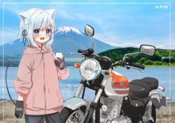 Rule 34 | + +, 1girl, :d, animal ear fluff, animal ears, black gloves, black pants, blue eyes, blue ribbon, blue sky, blurry, blurry background, blush, cat ears, commentary, day, electric plug, gloves, hair ribbon, jacket, michiru donut, motor vehicle, motorcycle, mount fuji, open mouth, original, outdoors, pants, pink jacket, ribbon, short hair, silver hair, sky, smile, solo