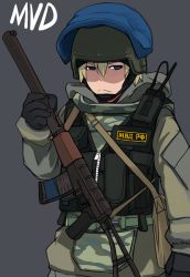 Rule 34 | 1girl, :&lt;, ammunition pouch, androgynous, as val, assault rifle, automatic rifle, blonde hair, blue eyes, body armor, bulletproof vest, gun, helmet, integral suppressor, integrally-suppressed firearm, kalashnikov rifle, load bearing vest, lvi, original, pouch, radio, rifle, russia, shaded face, short hair, simple background, solo, suppressor, tactical clothes, toz (tulsky oruzheiny zavod), tsniitochmash, tula arms plant, weapon