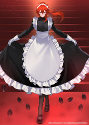 Rule 34 | 1boy, alternate costume, antenna hair, apron, artist name, black dress, black footwear, buttons, closed mouth, commentary request, crossdressing, curtsey, diluc (genshin impact), dress, enmaided, explosive, floating hair, frilled apron, frilled dress, frills, frown, genshin impact, gloves, grenade, hair between eyes, hair intakes, high heels, high ponytail, highres, hiki yuichi, juliet sleeves, long hair, long sleeves, looking at viewer, maid, maid apron, maid headdress, male focus, ponytail, puffy sleeves, red background, red eyes, red hair, serious, shoes, sidelocks, skirt hold, sleeve cuffs, solo, standing, twitter username, watermark, white apron, white gloves