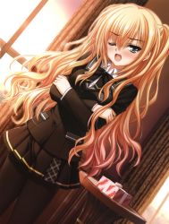 Rule 34 | 1girl, ;d, ;o, absurdres, black pantyhose, blazer, blonde hair, blush, box, crossed arms, curtains, dutch angle, fang, female focus, gift, green eyes, highres, indoors, jacket, kimi to issho ni, long sleeves, looking at viewer, miniskirt, norita, one eye closed, open mouth, pantyhose, pleated skirt, sasano eri, school uniform, skirt, smile, solo, standing, tsundere, tsurime, window, wink