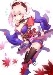 Rule 34 | 1girl, autumn leaves, black thighhighs, blue eyes, blue kimono, boots, bread slice, breasts, cleavage, clothing cutout, commentary request, detached sleeves, fate/grand order, fate (series), food, food in mouth, fujimaru ritsuka (female), hair between eyes, hair ornament, high heel boots, high heels, highres, holding, holding sheath, holding sword, holding weapon, japanese clothes, katana, kimono, knee boots, large breasts, leaf, long hair, long sleeves, looking at viewer, magatama, maple leaf, miyamoto musashi (fate), miyamoto musashi (third ascension) (fate), mouth hold, navel, navel cutout, obi, pink hair, ponytail, ririko (zhuoyandesailaer), sash, sheath, short kimono, sidelocks, simple background, sleeveless, sleeveless kimono, solo, standing, standing on one leg, sword, thighhighs, thighhighs under boots, toast, toast in mouth, unsheathing, weapon, white background