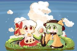Rule 34 | 2girls, absurdres, ascot, black headwear, blonde hair, blue sky, blush stickers, bright pupils, buttons, chibi, chinese commentary, cloud, collared shirt, commentary request, day, diamond button, dress, fang, flandre scarlet, flat chest, floral print, flower, frilled sleeves, frills, green eyes, green skirt, grey hair, hat, hat ribbon, highres, hzui, komeiji koishi, long sleeves, medium hair, mob cap, multiple girls, no sclera, open mouth, outdoors, puffy short sleeves, puffy sleeves, red dress, red eyes, red ribbon, ribbon, round teeth, shirt, short sleeves, sitting, skirt, sky, smile, sunflower, teeth, touhou, upper teeth only, white headwear, white pupils, white shirt, wide sleeves, wings, yellow ascot, yellow ribbon, yellow shirt