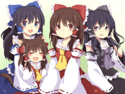 Rule 34 | 3535carrot, 4girls, alternate color, animal ears, ascot, bad id, bad pixiv id, black eyes, black hair, blue eyes, blue hair, blush, bow, brown hair, cat ears, cat tail, child, detached sleeves, closed eyes, fang, hair bow, hakurei reimu, long hair, multiple girls, multiple persona, open mouth, player 2, smile, tail, touhou, uguisu mochi (ykss35)