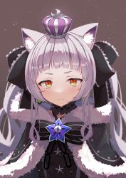 Rule 34 | 1girl, absurdres, animal ear fluff, animal ears, black cape, black dress, blunt bangs, cape, cat ears, cat girl, choker, commentary request, criss-cross halter, crown, dress, frilled choker, frilled ribbon, frills, fur-trimmed cape, fur trim, gothic lolita, grey hair, hair ribbon, halter dress, halterneck, highres, hololive, light blush, light smile, lolita fashion, long hair, looking at viewer, murasaki shion, murasaki shion (gothic lolita), oudon (udonnaiyo), ribbon, short eyebrows, sidelocks, solo, star (symbol), twintails, upper body, v-shaped eyebrows, virtual youtuber, yellow eyes