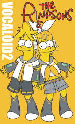 Rule 34 | 1boy, 1girl, brother and sister, colored skin, kagamine len, kagamine rin, parody, siblings, style parody, suzuno yoshito, the simpsons, twins, vocaloid, yellow skin