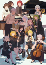 Rule 34 | 1boy, 6+girls, absurdres, alternate costume, alternate hairstyle, bassoon, black dress, black footwear, black neckwear, black pants, black shirt, black skirt, black socks, blonde hair, blouse, blue eyes, blue neckwear, bow, bow (music), bowtie, braid, brown eyes, brown footwear, brown hair, capelet, cello, chair, check instrument, chinese commentary, clarinet, cleavage cutout, closed mouth, clothing cutout, commentary request, contemporary, crescent, crossed ankles, detached sleeves, dress, dress shirt, drum, drum set, drumsticks, flower, flute, french horn, from above, glasses, green eyes, green footwear, green hair, hair bow, hair flower, hair ornament, hair tubes, hairband, hakurei reimu, hat, hat ornament, high heels, highres, holding, holding instrument, holding violin, horikawa raiko, instrument, instrument request, izayoi sakuya, jq, kirisame marisa, kneehighs, kochiya sanae, konpaku youmu, leaning forward, light purple hair, long hair, long skirt, long sleeves, looking at another, looking at viewer, looking away, looking back, low twintails, lunasa prismriver, lyrica prismriver, mallet (instrument), marimba, merlin prismriver, miniskirt, mixed-language commentary, morichika rinnosuke, multiple girls, music, neck ribbon, necktie, on chair, open mouth, pants, piano, playing instrument, purple eyes, purple hair, red eyes, red footwear, red hair, reisen udongein inaba, ribbon, sheet music, shirt, shoes, short hair, shorts, side braid, silver hair, sitting, skirt, sleeveless, sleeveless dress, smile, socks, standing, star (symbol), star hat ornament, suspenders, timpani, touhou, traditional bowtie, triangle (instrument), trombone, trumpet, tsukumo benben, tsukumo yatsuhashi, twin braids, twintails, vest, violin, white shirt, wide sleeves, yellow eyes