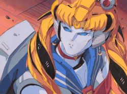 Rule 34 | 1980s (style), 1girl, arcee, autobot, bishoujo senshi sailor moon, blonde hair, blue eyes, choker, clenched teeth, cosplay, crescent, crescent earrings, crossover, derivative work, earrings, heart, heart choker, jewelry, looking up, marble-v, mecha, meme, no humans, oldschool, red choker, retro artstyle, robot, sailor moon, sailor moon (cosplay), sailor moon redraw challenge (meme), solo, teeth, transformers, twintails