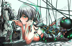 Rule 34 | 1girl, android, ass, blush, braid, breasts, cable, closed mouth, cyborg, dog, gbsartworks, green eyes, green hair, highres, large breasts, long hair, lying, mechanical parts, neon trim, non-humanoid robot, on stomach, original, poking, robot, robot animal, sidelocks, silver hair, single braid, smile, solo, very long hair