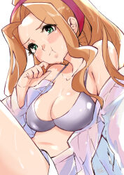Rule 34 | 1girl, :t, bare shoulders, bikini, black bikini, blush, breasts, brown hair, cleavage, closed mouth, collarbone, dot nose, eyelashes, green eyes, hair over shoulder, hairband, hand on own cheek, hand on own face, head tilt, high ponytail, idolmaster, idolmaster million live!, idolmaster million live! theater days, large breasts, long hair, looking at viewer, mitogawawataru, nikaidou chizuru, open clothes, open shirt, red hairband, shirt, sidelocks, signature, simple background, sitting, solo, sulking, swimsuit, thighs, upper body, wavy hair, wet, white background, white shirt
