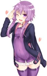 Rule 34 | 1girl, arm up, blush, collarbone, fang, heart, highres, long hair, looking at viewer, one eye closed, open mouth, purple eyes, purple hair, purple thighhighs, reinama, smile, solo, thighhighs, vocaloid, voiceroid, yuzuki yukari