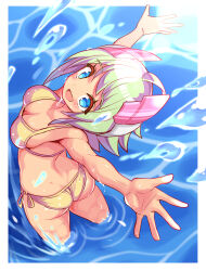 Rule 34 | 1girl, ass, azure striker gunvolt, bare shoulders, bikini, blue eyes, blush, breasts, butt crack, cougar (cougar1404), dimples of venus, from above, from behind, green hair, headgear, looking at viewer, looking back, looking up, medium breasts, open mouth, roro (gunvolt), short hair, smile, solo, swimsuit, water