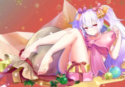 Rule 34 | 1girl, absurdres, azur lane, barefoot, bell, blush, bow, box, candy, candy cane, christmas ornaments, closed mouth, commentary request, feet, food, gift, gift box, hair bell, hair between eyes, hair bow, hair ornament, highres, laffey (azur lane), long hair, looking to the side, muu rin, naked ribbon, pink bow, pink ribbon, red eyes, ribbon, sack, silver hair, solo, sparkle, star (symbol), toenails, toes, twintails, very long hair