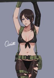 Rule 34 | 1girl, arms up, asymmetrical gloves, black gloves, black panties, blue eyes, breasts, brown hair, character name, front-tie top, gloves, green gloves, highres, large breasts, lips, metal gear (series), metal gear solid v: the phantom pain, mismatched gloves, navel, noriuma, panties, pantyhose, ponytail, quiet (metal gear), solo, torn clothes, torn pantyhose, underwear