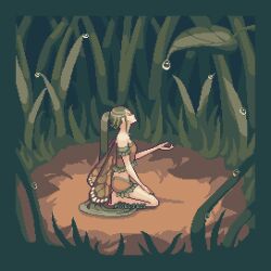 Rule 34 | 1girl, artist name, breasts, closed eyes, day, dew drop, fairy, fairy wings, female focus, green hair, highres, long hair, midriff, original, outdoors, pixel art, pixel jess, ponytail, seiza, sidelocks, sitting, small breasts, solo, very long hair, water drop, wings